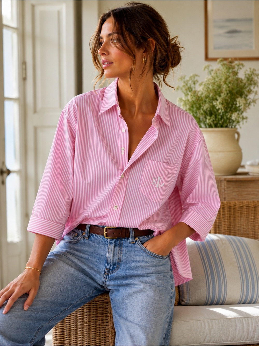 Lauren Ralph Lauren Pink Stripe Cotton 3/4 Sleeve Button Down Shirt L Monogram
